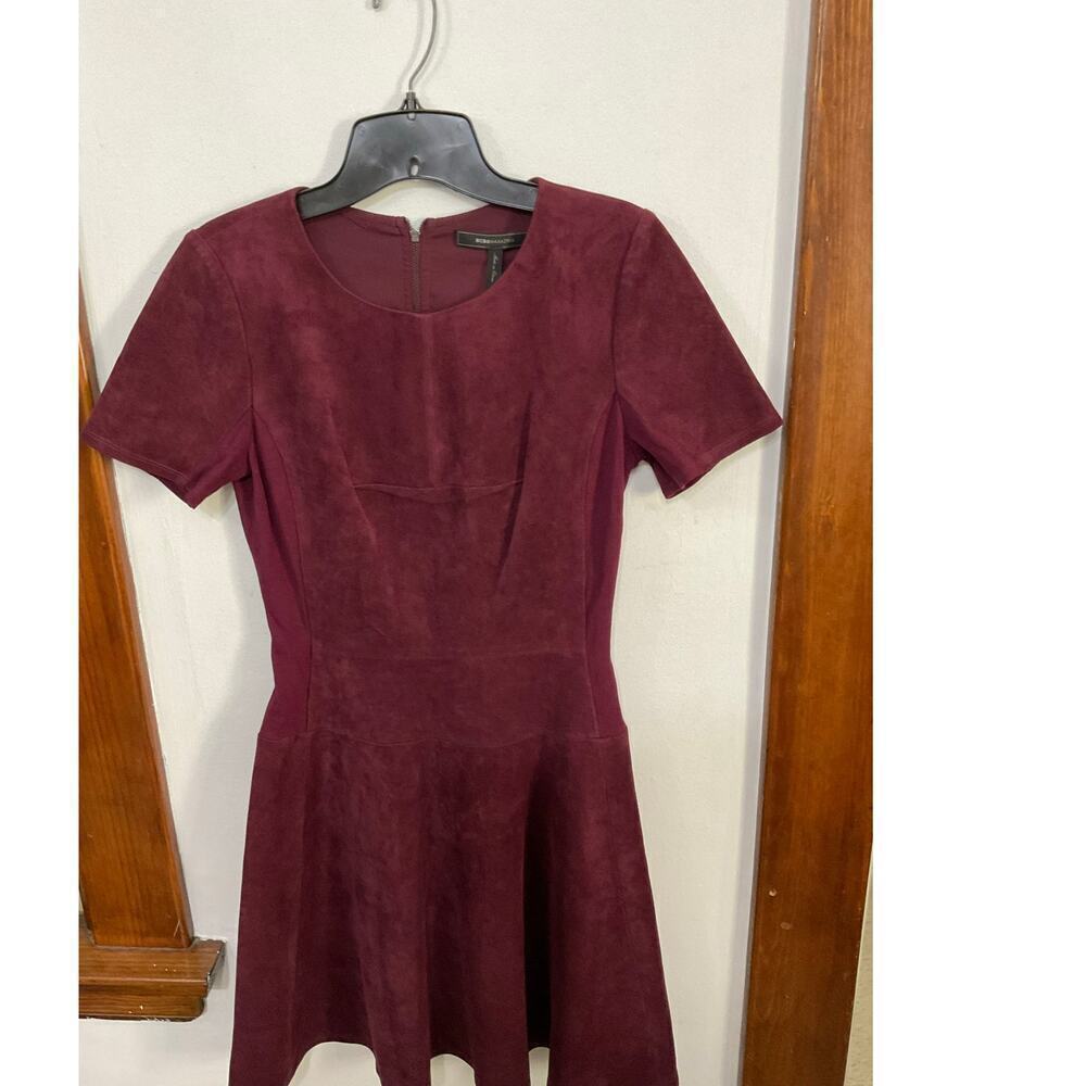 BCBGMAXAZRIA Faux Suede Burgundy Short Sleeve Fit & Flare Mini Dress Sz 4 Small - Picture 4 of 7